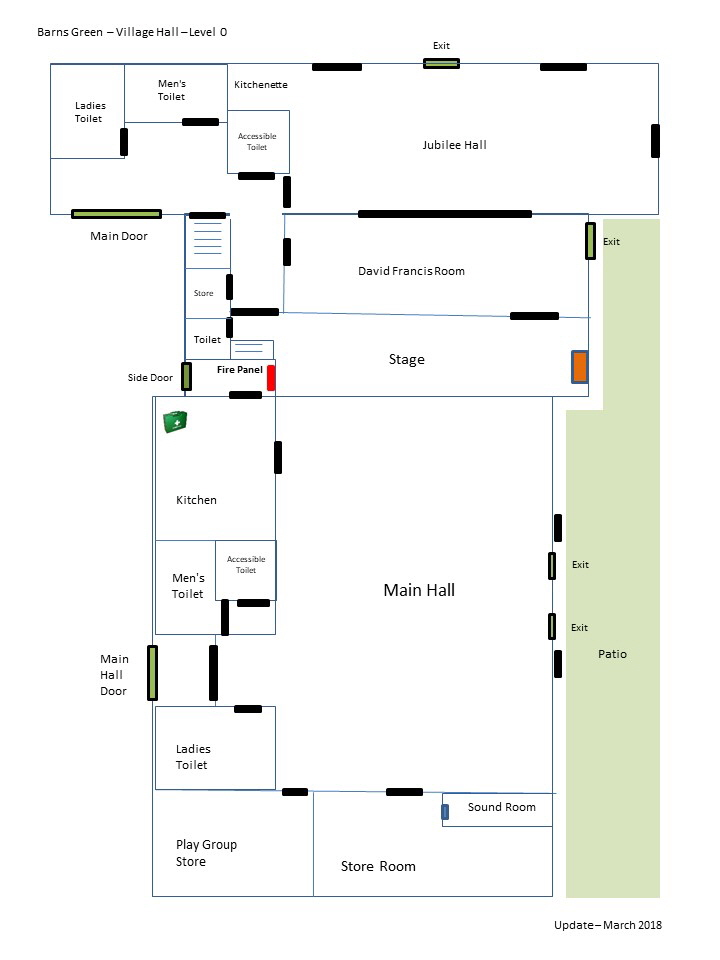 Village Hall Layout - Not to scale - Level 0 - March 2017 with Exits